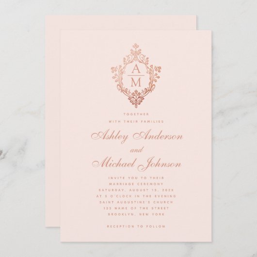 Monogram Roos Goud Bloemen Crest Blush Roze Bruilo Kaart (Voorkant / Achterkant)