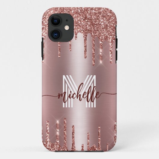 Monogram Roos Goud Blush Roze Dripping Glitter Case-Mate iPhone Case (Achterkant)
