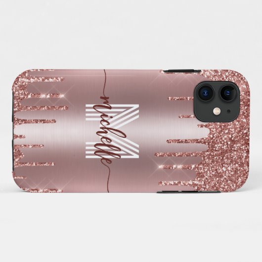 Monogram Roos Goud Blush Roze Dripping Glitter Case-Mate iPhone Case (Achterkant (horizontaal))