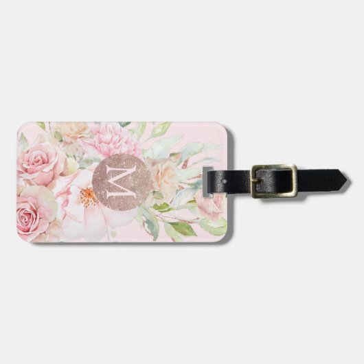 Monogram Roos Goud Blush Roze Waterverf Bloemen Bagagelabel (Voorkant horizontaal)