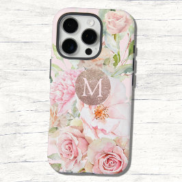 Monogram Roos Goud Blush Roze Waterverf Bloemen iPhone 16 Pro Hoesje