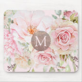 Monogram Roos Goud Blush Roze Waterverf Bloemen Muismat (Voorkant)