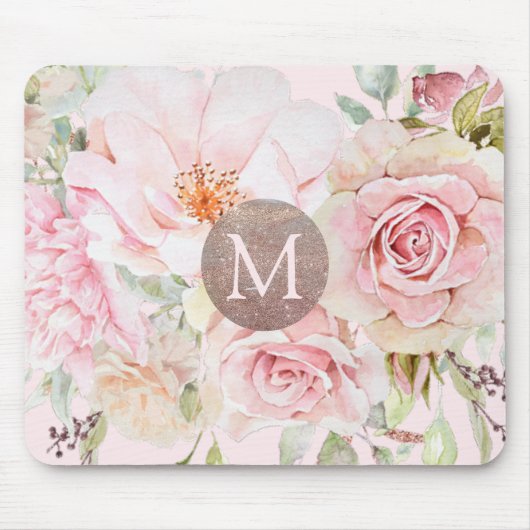 Monogram Roos Goud Blush Roze Waterverf Bloemen Muismat (Voorkant)