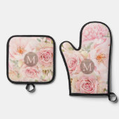 Monogram Roos Goud Blush Roze Waterverf Bloemen Ovenwant & Pannenlap Set (Voorkant)