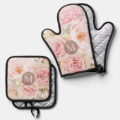 Monogram Roos Goud Blush Roze Waterverf Bloemen Ovenwant & Pannenlap Set (Voorkant / Achterkant)