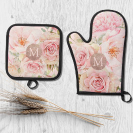 Monogram Roos Goud Blush Roze Waterverf Bloemen Ovenwant & Pannenlap Set