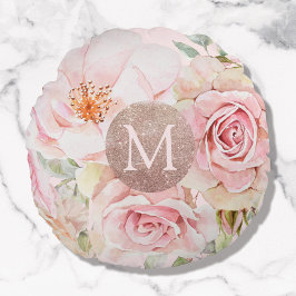 Monogram Roos Goud Blush Roze Waterverf Bloemen Rond Kussen