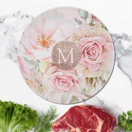 Monogram Roos Goud Blush Roze Waterverf Bloemen Snijplank