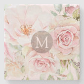 Monogram Roos Goud Blush Roze Waterverf Bloemen Stenen Onderzetter (Voorkant)