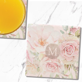 Monogram Roos Goud Blush Roze Waterverf Bloemen Stenen Onderzetter