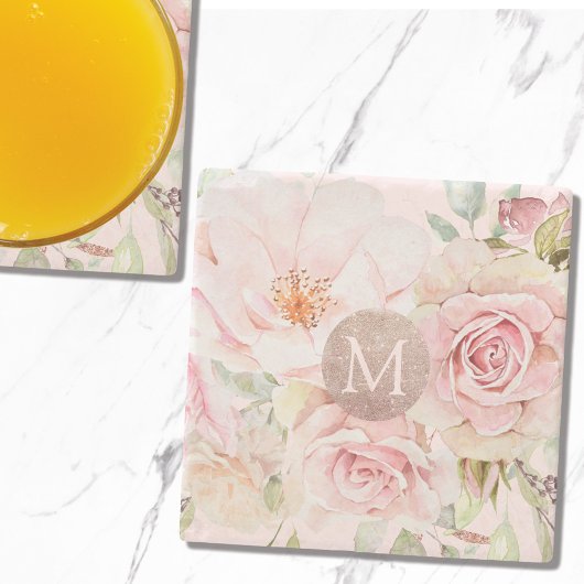 Monogram Roos Goud Blush Roze Waterverf Bloemen Stenen Onderzetter
