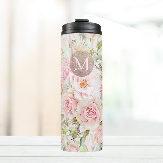 Monogram Roos Goud Blush Roze Waterverf Bloemen Thermosbeker