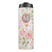 Monogram Roos Goud Blush Roze Waterverf Bloemen Thermosbeker (Voorkant)