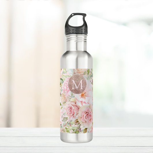 Monogram Roos Goud Blush Roze Waterverf Bloemen Waterfles