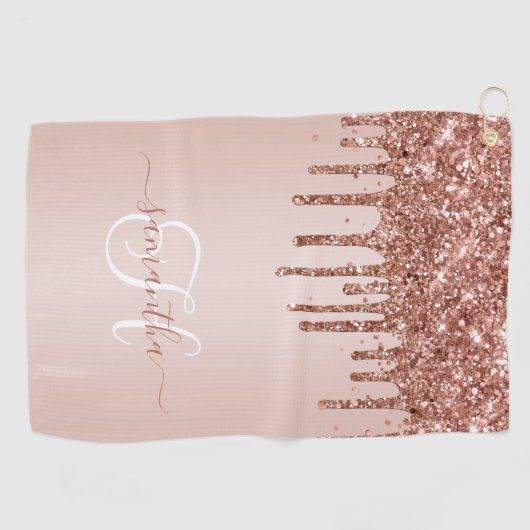 Monogram Roos Goud Dripping Glitter Blush Golfhanddoek (Horizontaal)