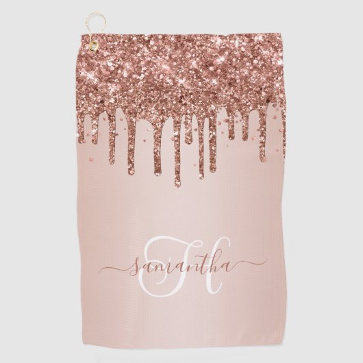 Monogram Roos Goud Dripping Glitter Blush Golfhanddoek (Voorkant)