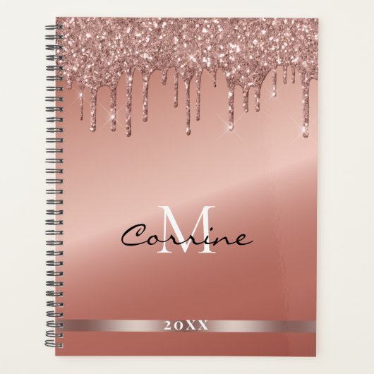 Monogram Roos Goud Dripping Glitter Metallic Dagel Planner (Voorkant)