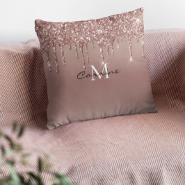 Monogram Roos Goud Dripping Glitter Metallic Roze Kussen