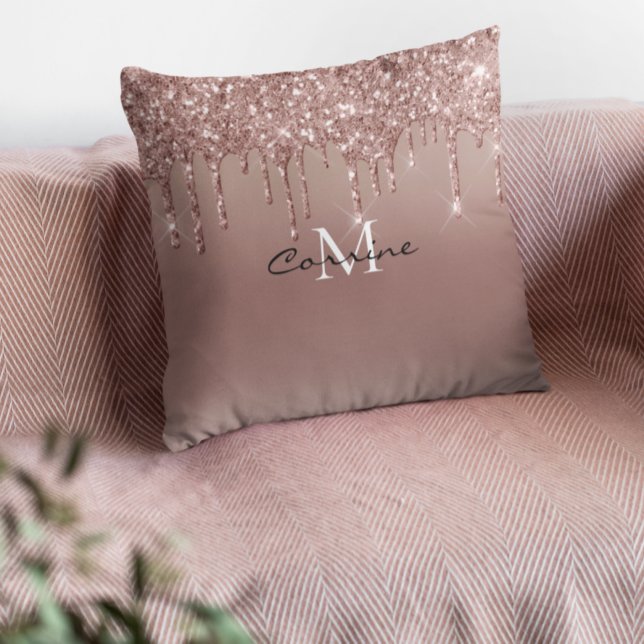 Monogram Roos Goud Dripping Glitter Metallic Roze Kussen (Creator heeft geüpload)