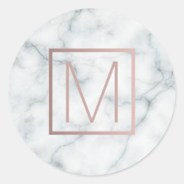 monogram roos goud en witte marmer ronde sticker