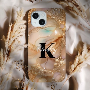 Monogram Roos Goud Glitter Marmer iPhone 15 Case
