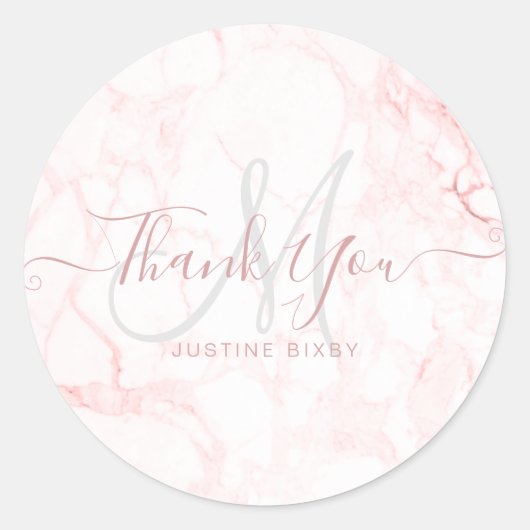 Monogram Roos Goud Marmer Chic Script Dank u Ronde Sticker (Voorkant)