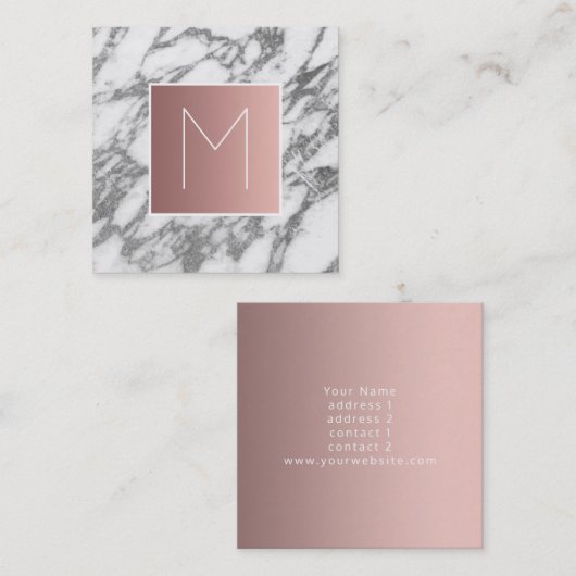 Monogram roos goud op grijs marmer vierkante visitekaartje (Voorkant / Achterkant)