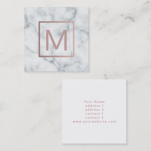 Monogram roos goud op wit marmer vierkante visitekaartje (Voorkant / Achterkant)