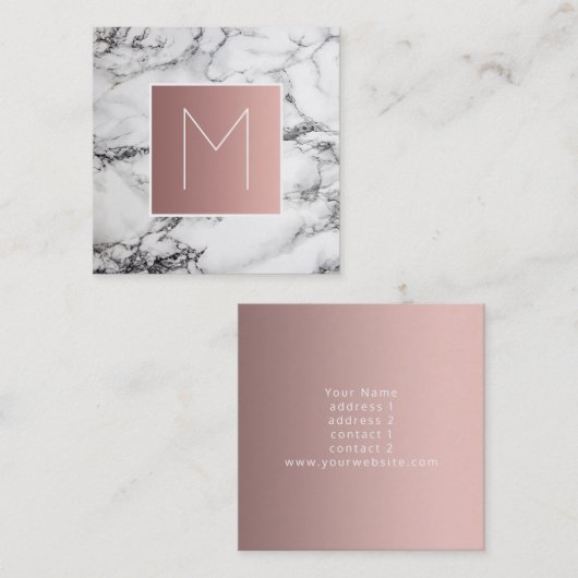 Monogram roos goud op zwart en wit marmer vierkante visitekaartje (Voorkant / Achterkant)