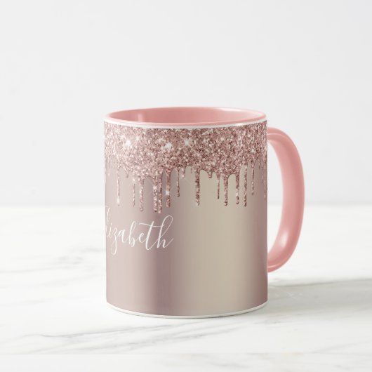 Monogram Roos Goud Roze Dripping Glitter Coffee Mok (Voorkant rechts)