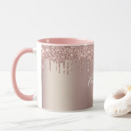 Monogram Roos Goud Roze Dripping Glitter Coffee Mok