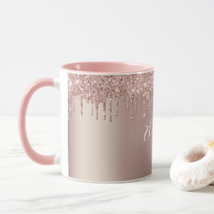 Monogram Roos Goud Roze Dripping Glitter Coffee Mok