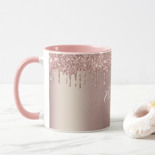 Monogram Roos Goud Roze Dripping Glitter Coffee Mok (Met donut)