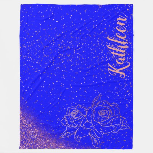 Monogram Roos Goud Roze Rozen op Blauw | Fleece Deken (Voorkant)