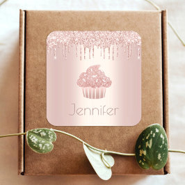 Monogram roos gouden cupcake glitter drips modern vierkante sticker
