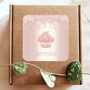Monogram roos gouden cupcake glitter drips modern vierkante sticker