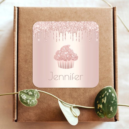 Monogram roos gouden cupcake glitter drips modern vierkante sticker