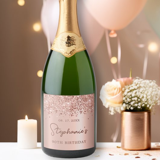 Monogram Roos Gouden Glitter 90ste Verjaardagsscri Sparkling Wijnetiket
