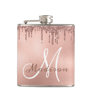 Monogram Roos Gouden Glitter Druppelt Girly Heupfles