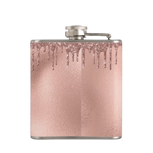 Monogram Roos Gouden Glitter Druppelt Girly Heupfles (Achterkant)