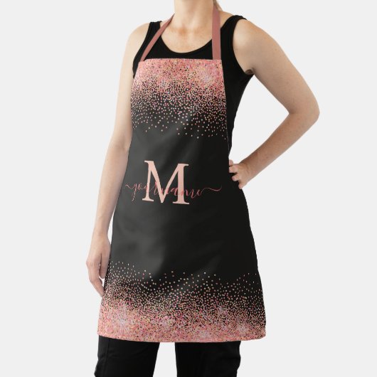 Monogram Roos Gouden Glitter Sparkles en Zwarte Na Schort (Insitu)