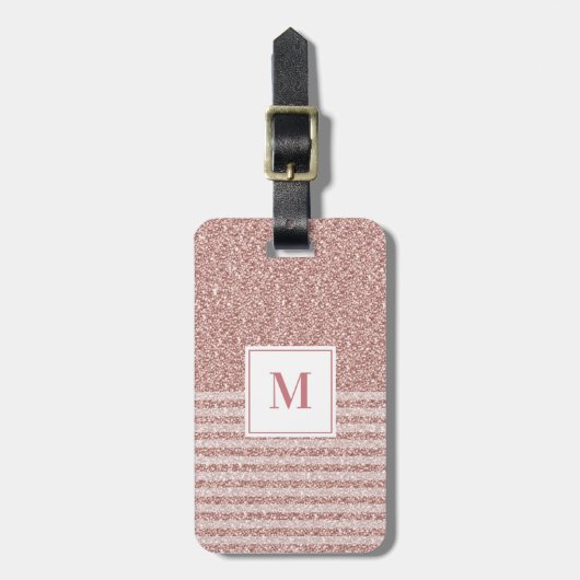 Monogram Roos Gouden Glitter Strepen Girly Bagagelabel (Voorkant verticaal)