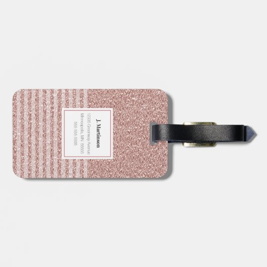 Monogram Roos Gouden Glitter Strepen Girly Bagagelabel (Achterkant horizontaal)