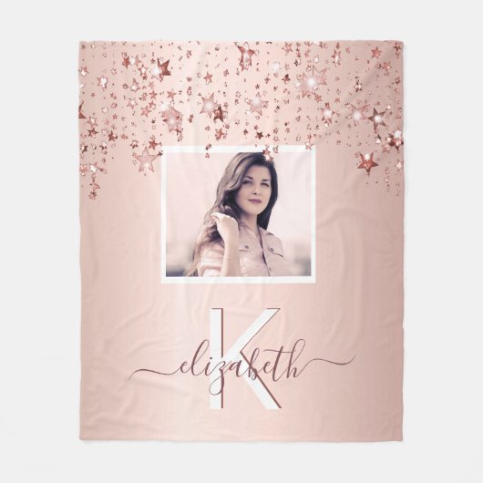 Monogram roos gouden sterren fleece deken (Voorkant)