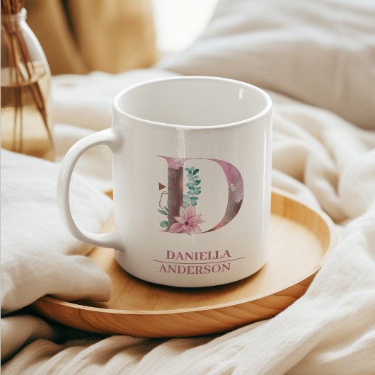 Monogram Roos Gouden Waterverf Bloem Letter D Koffiemok