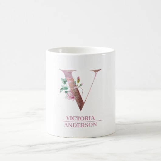 Monogram Roos Gouden Waterverf Bloemletter V Koffiemok (Center)