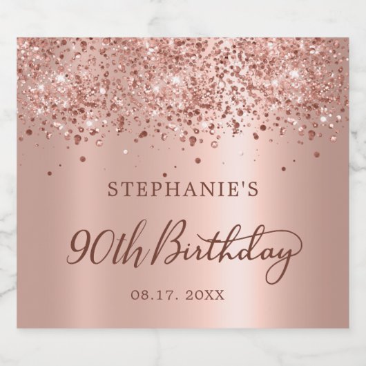 Monogram Roos Goudfolie Glitter 90e Verjaardag Sparkling Wijnetiket (Enkel label)