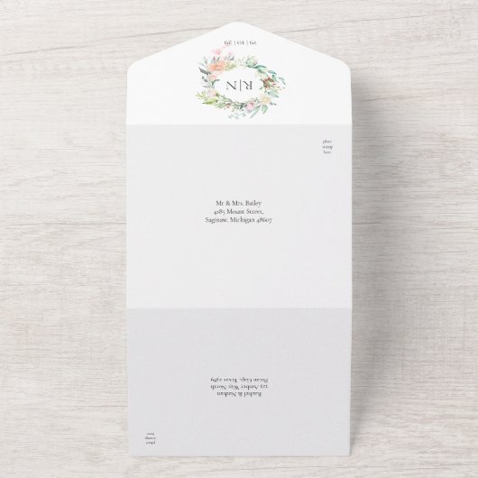 Monogram Roos Greenery Floral Wedding All In One Uitnodiging (Buitenkant)