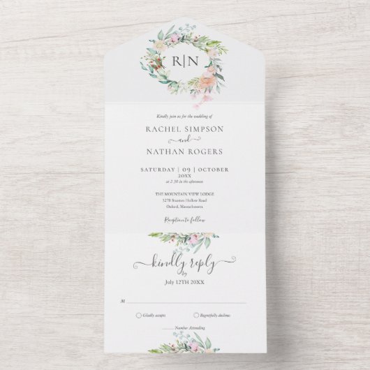 Monogram Roos Greenery Floral Wedding All In One Uitnodiging (Binnen)