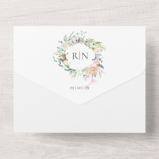 Monogram Roos Greenery Floral Wedding All In One Uitnodiging (Achterkant)